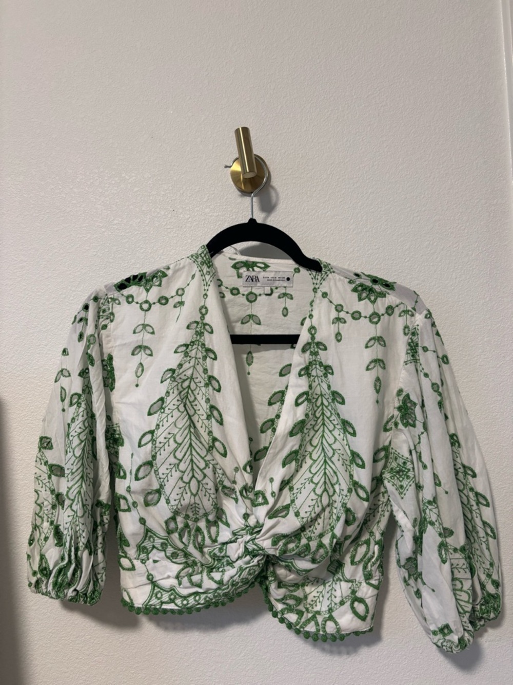 Zara White Blouse with Green Botanical Embroidery